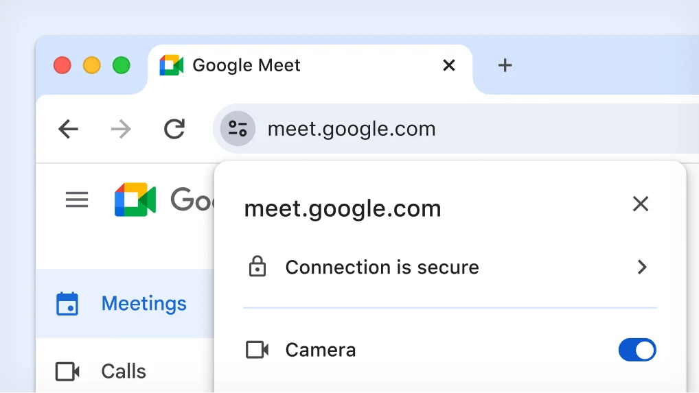 Chrome address bar with Tune icon selected and expanded to show site settings options for meet.google.com